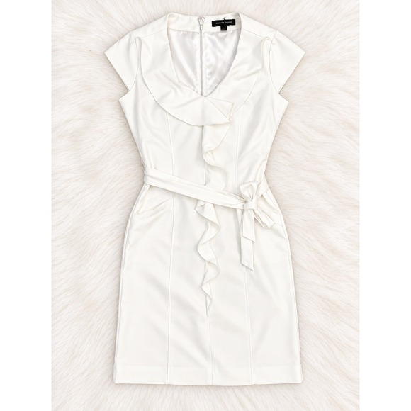 Sharagano Dresses & Skirts - Sharagano Cream Ruffle Sheath Dress Size 6 | Belted Office Bridal Cocktail